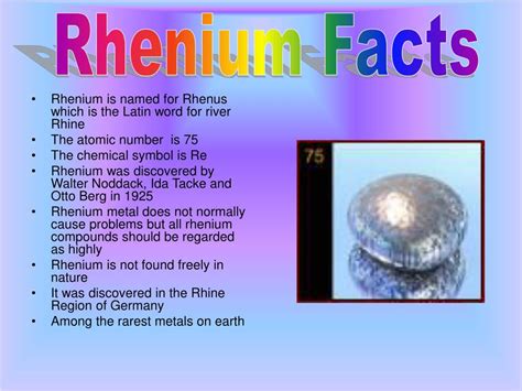 rhenium tapping|Discovery, properties and applications of rhenium and its compounds.